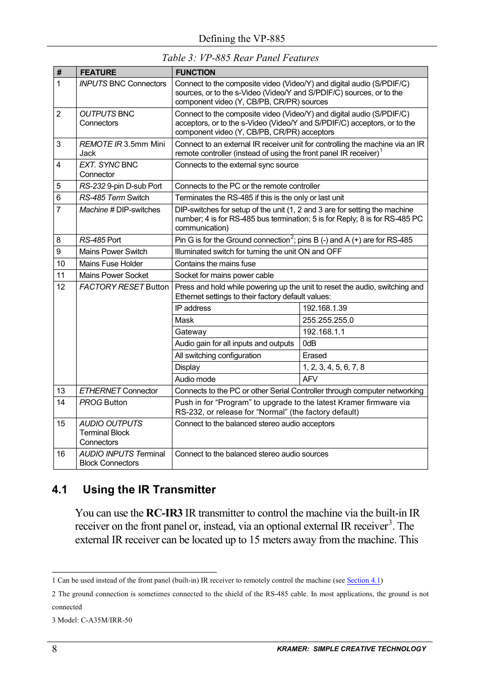 1 using the ir transmitter, Using the ir transmitter, Table 3: vp-885 rear panel features | Table 3, Defining the vp-885 | Kramer Electronics VP-885 User Manual | Page 12 / 62