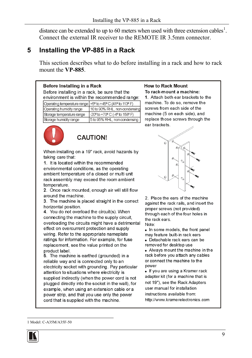 5 installing the vp-885 in a rack, Installing the vp-885 in a rack | Kramer Electronics VP-885 User Manual | Page 13 / 62