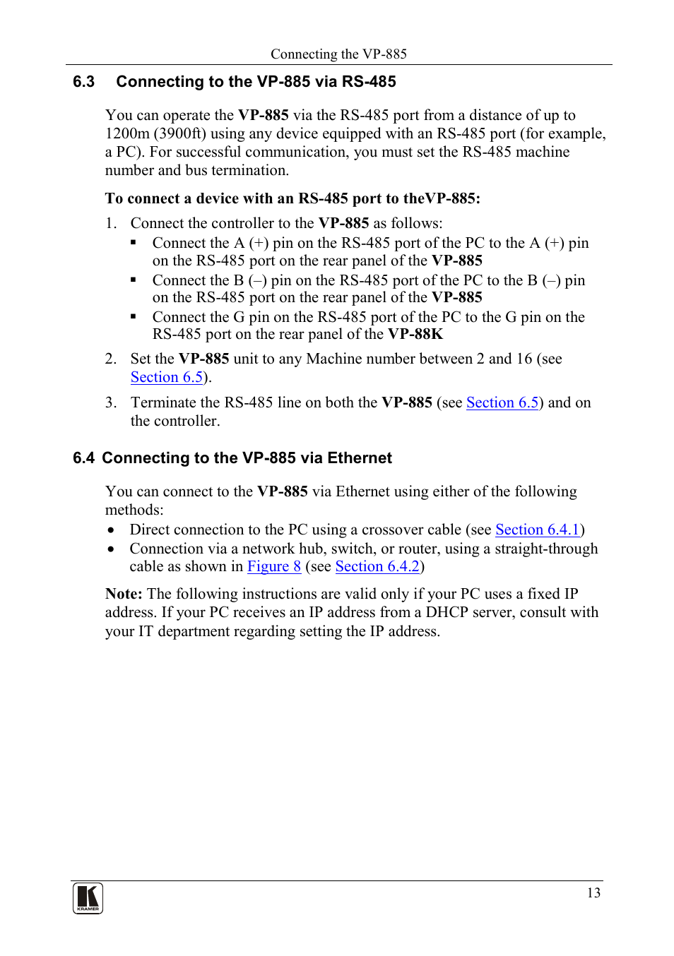 3 connecting to the vp-885 via rs-485, 4 connecting to the vp-885 via ethernet, Connecting to the vp-885 via rs-485 | Connecting to the vp-885 via ethernet | Kramer Electronics VP-885 User Manual | Page 17 / 62