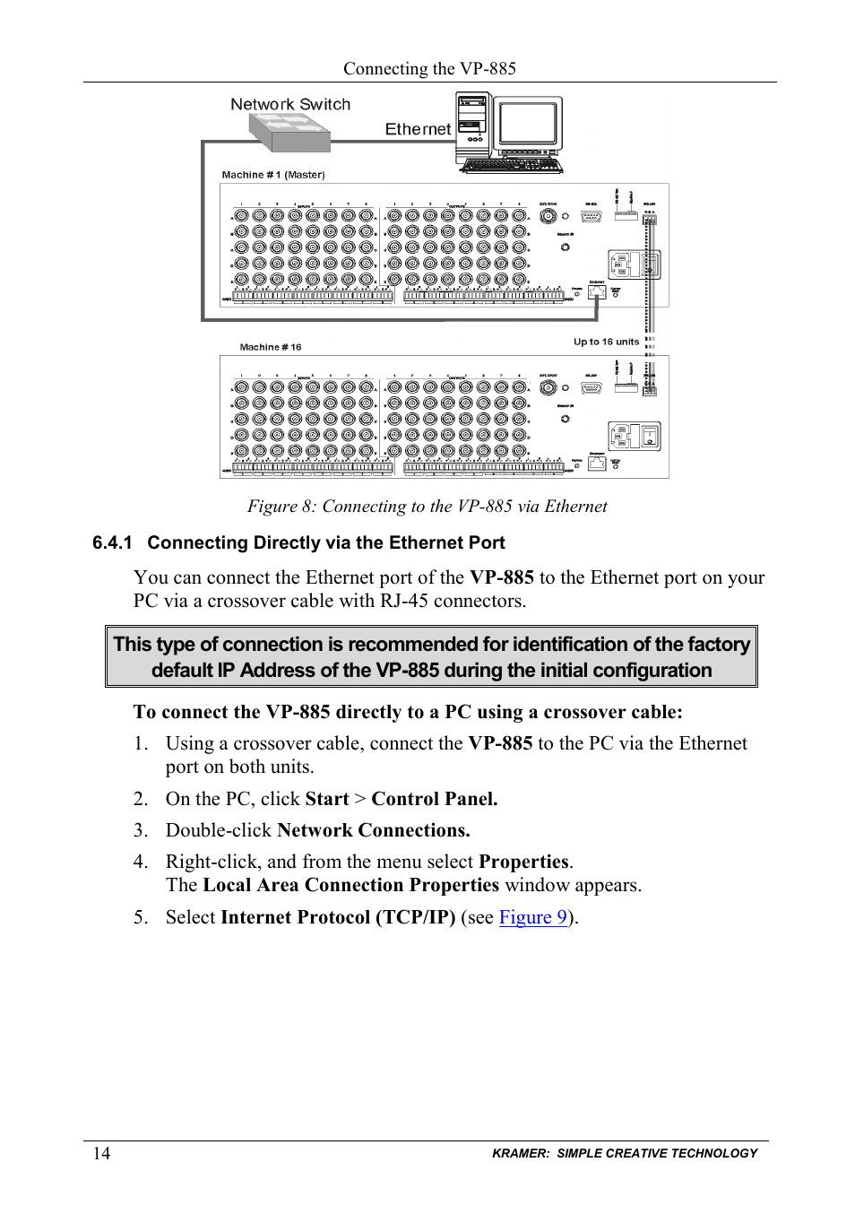 1 connecting directly via the ethernet port, Connecting directly via the ethernet port, Figure 8: connecting to the vp-885 via ethernet | Figure 8 | Kramer Electronics VP-885 User Manual | Page 18 / 62