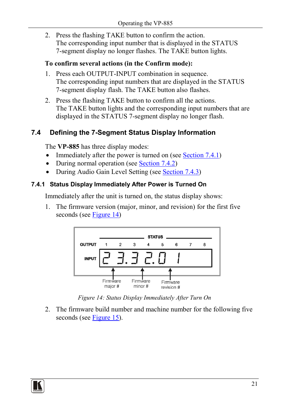 Defining the 7-segment status display information | Kramer Electronics VP-885 User Manual | Page 25 / 62