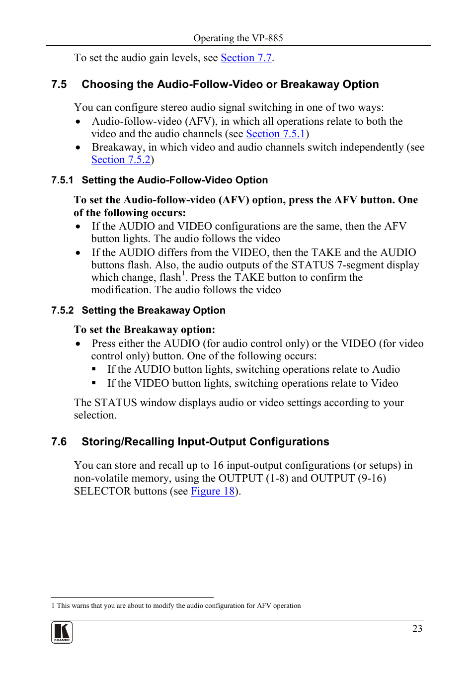 1 setting the audio-follow-video option, 2 setting the breakaway option, 6 storing/recalling input-output configurations | Setting the audio-follow-video option, Setting the breakaway option, Storing/recalling input-output configurations | Kramer Electronics VP-885 User Manual | Page 27 / 62