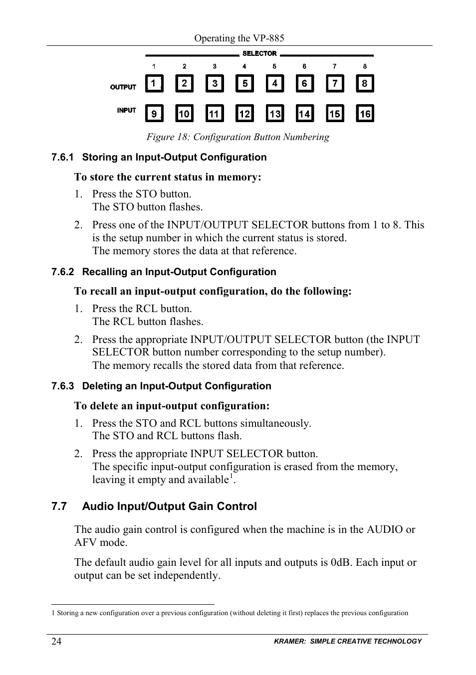 1 storing an input-output configuration, 2 recalling an input-output configuration, 3 deleting an input-output configuration | 7 audio input/output gain control, Storing an input-output configuration, Recalling an input-output configuration, Deleting an input-output configuration, Audio input/output gain control, Figure 18: configuration button numbering, Figure 18 | Kramer Electronics VP-885 User Manual | Page 28 / 62