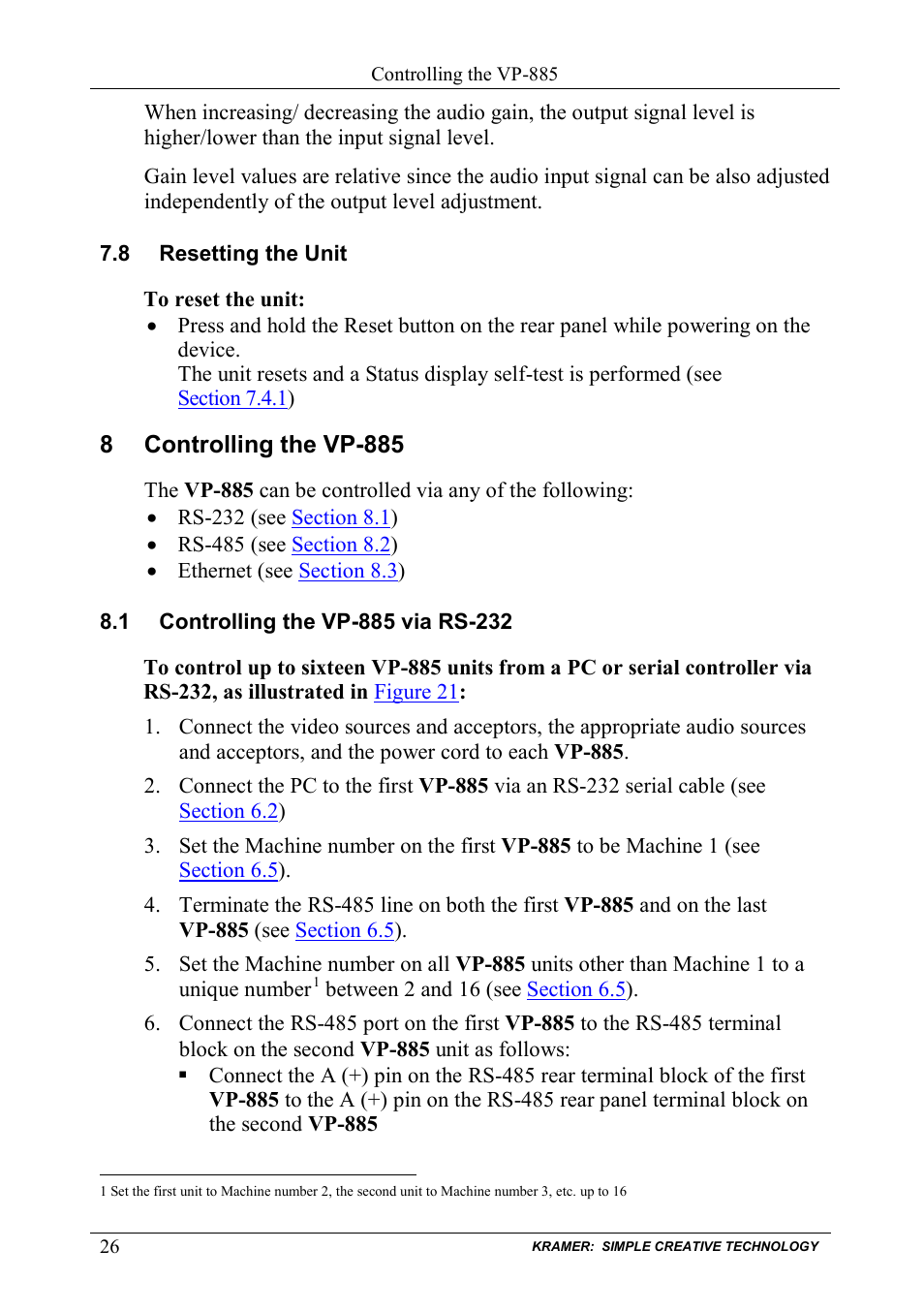 8 resetting the unit, 8 controlling the vp-885, 1 controlling the vp-885 via rs-232 | Resetting the unit, Controlling the vp-885, Controlling the vp-885 via rs-232 | Kramer Electronics VP-885 User Manual | Page 30 / 62