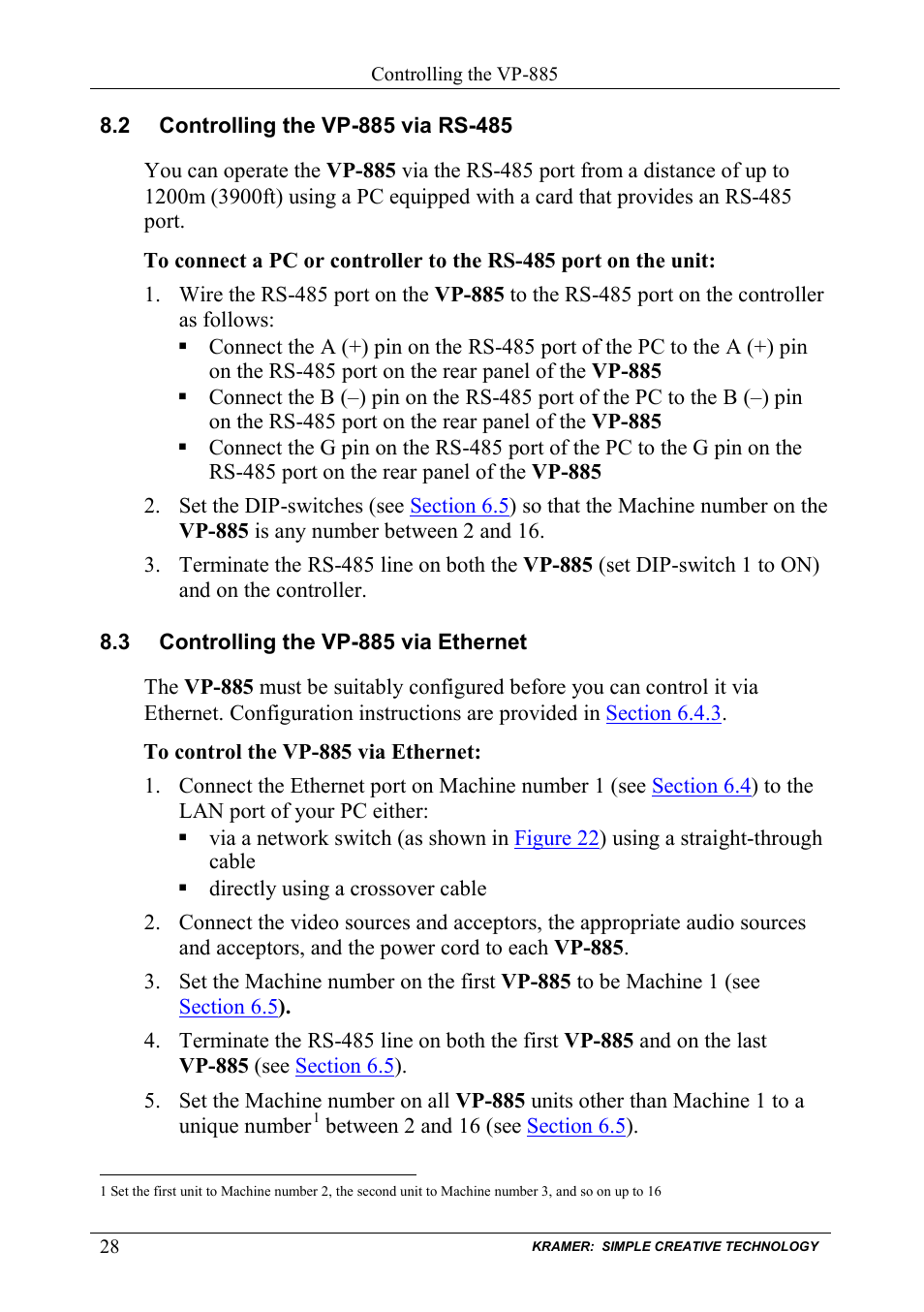 2 controlling the vp-885 via rs-485, 3 controlling the vp-885 via ethernet, Controlling the vp-885 via rs-485 | Controlling the vp-885 via ethernet | Kramer Electronics VP-885 User Manual | Page 32 / 62