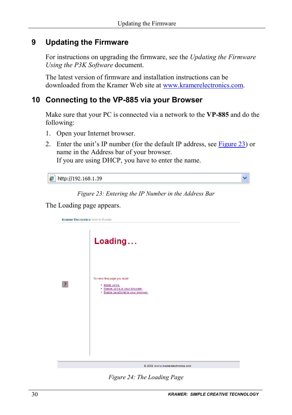 9 updating the firmware, 10 connecting to the vp-885 via your browser, Updating the firmware | Connecting to the vp-885 via your browser | Kramer Electronics VP-885 User Manual | Page 34 / 62