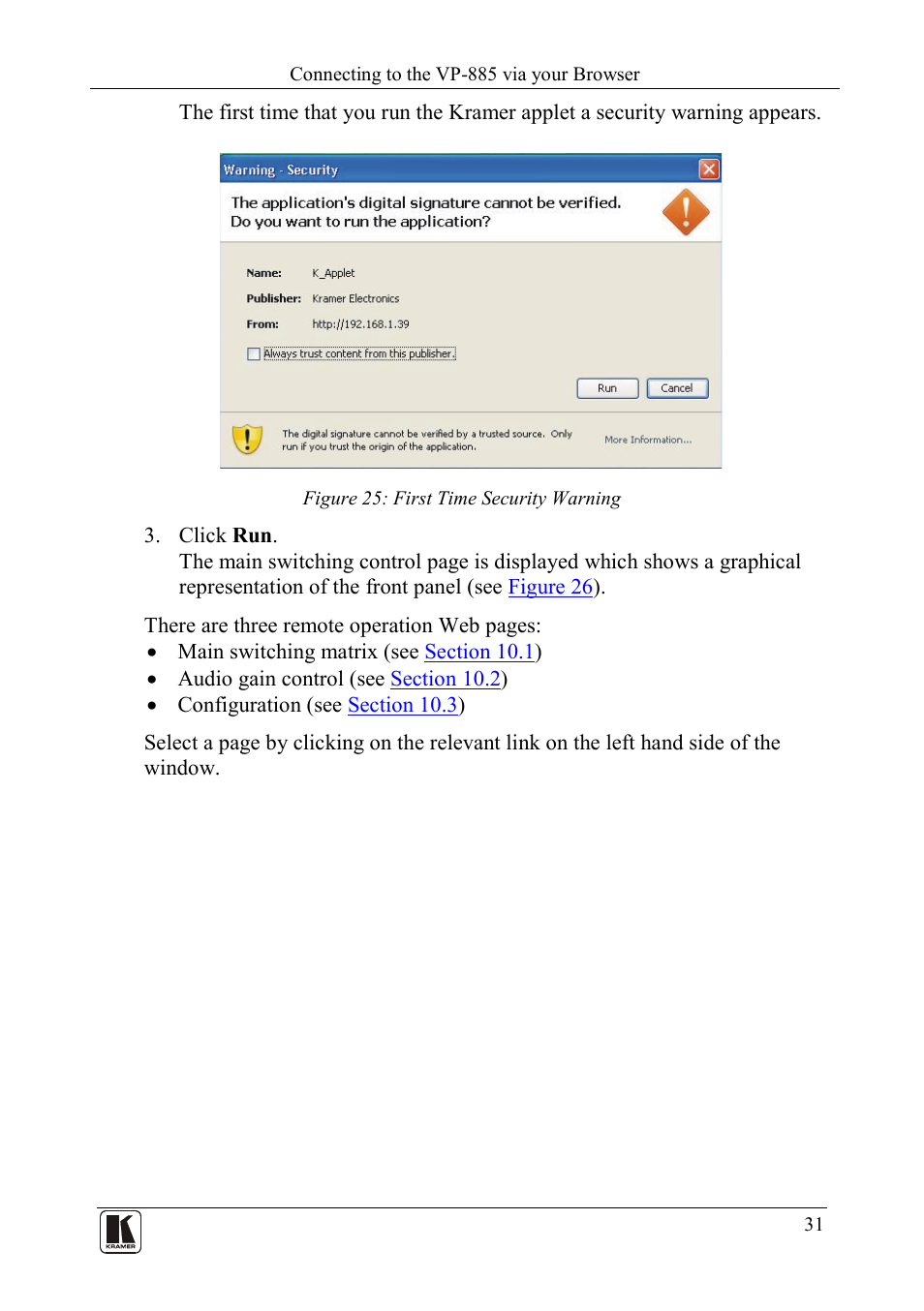 Figure 25: first time security warning | Kramer Electronics VP-885 User Manual | Page 35 / 62