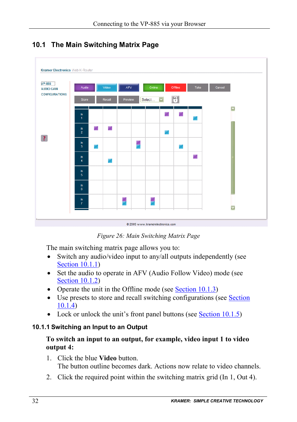 1 switching an input to an output, Switching an input to an output, Figure 26 | Kramer Electronics VP-885 User Manual | Page 36 / 62