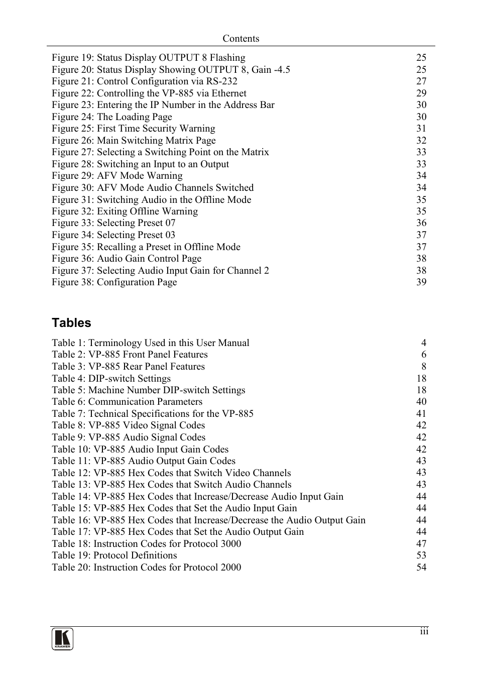 Tables | Kramer Electronics VP-885 User Manual | Page 4 / 62