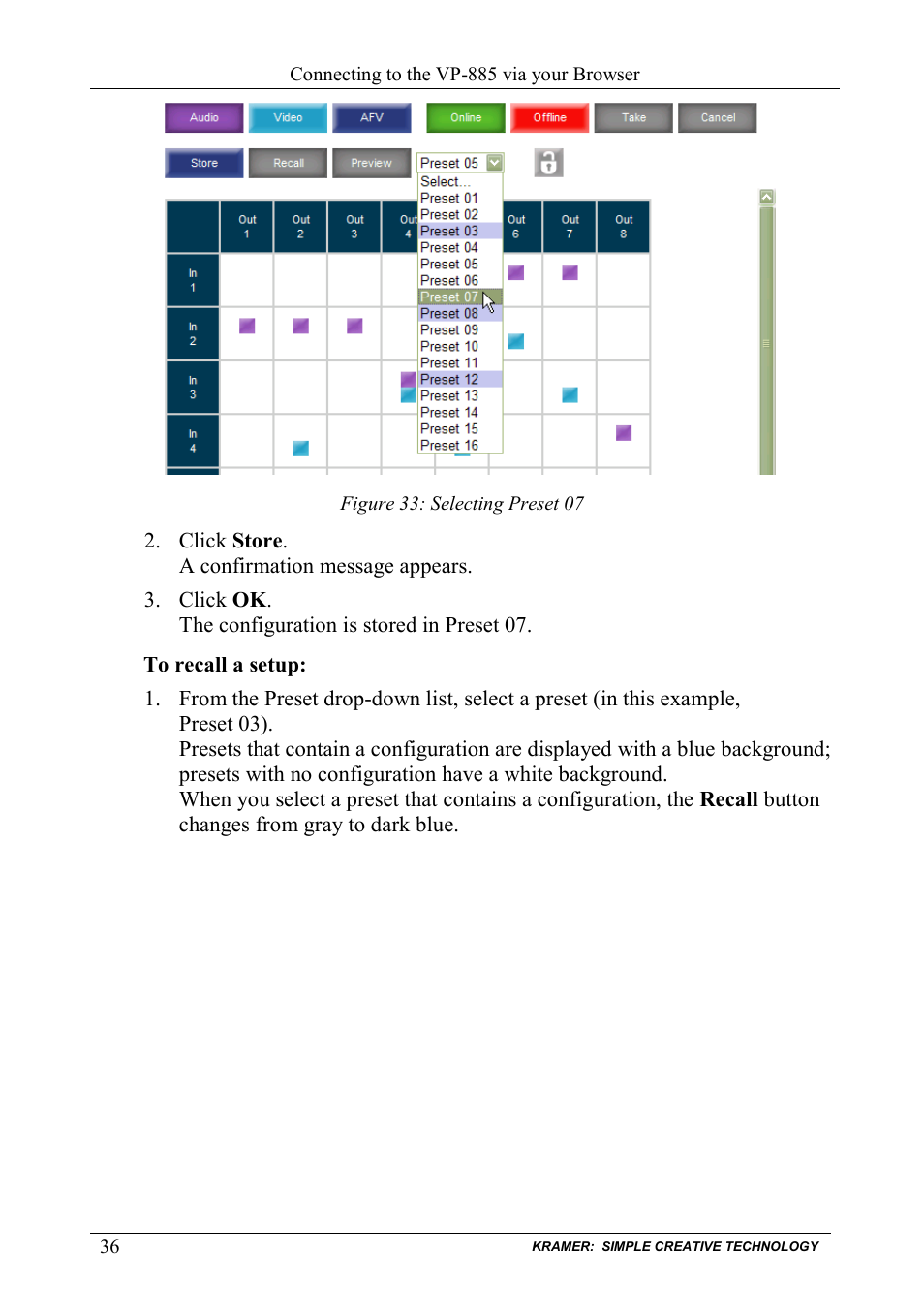 Figure 33: selecting preset 07 | Kramer Electronics VP-885 User Manual | Page 40 / 62