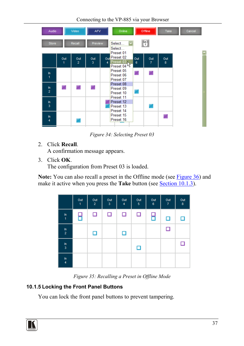5 locking the front panel buttons, Locking the front panel buttons, Figure 34: selecting preset 03 | Figure 35: recalling a preset in offline mode | Kramer Electronics VP-885 User Manual | Page 41 / 62