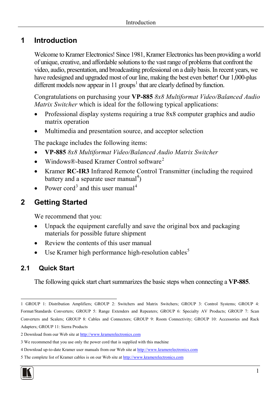 1 introduction, 2 getting started, 1 quick start | Introduction, Getting started, Quick start | Kramer Electronics VP-885 User Manual | Page 5 / 62