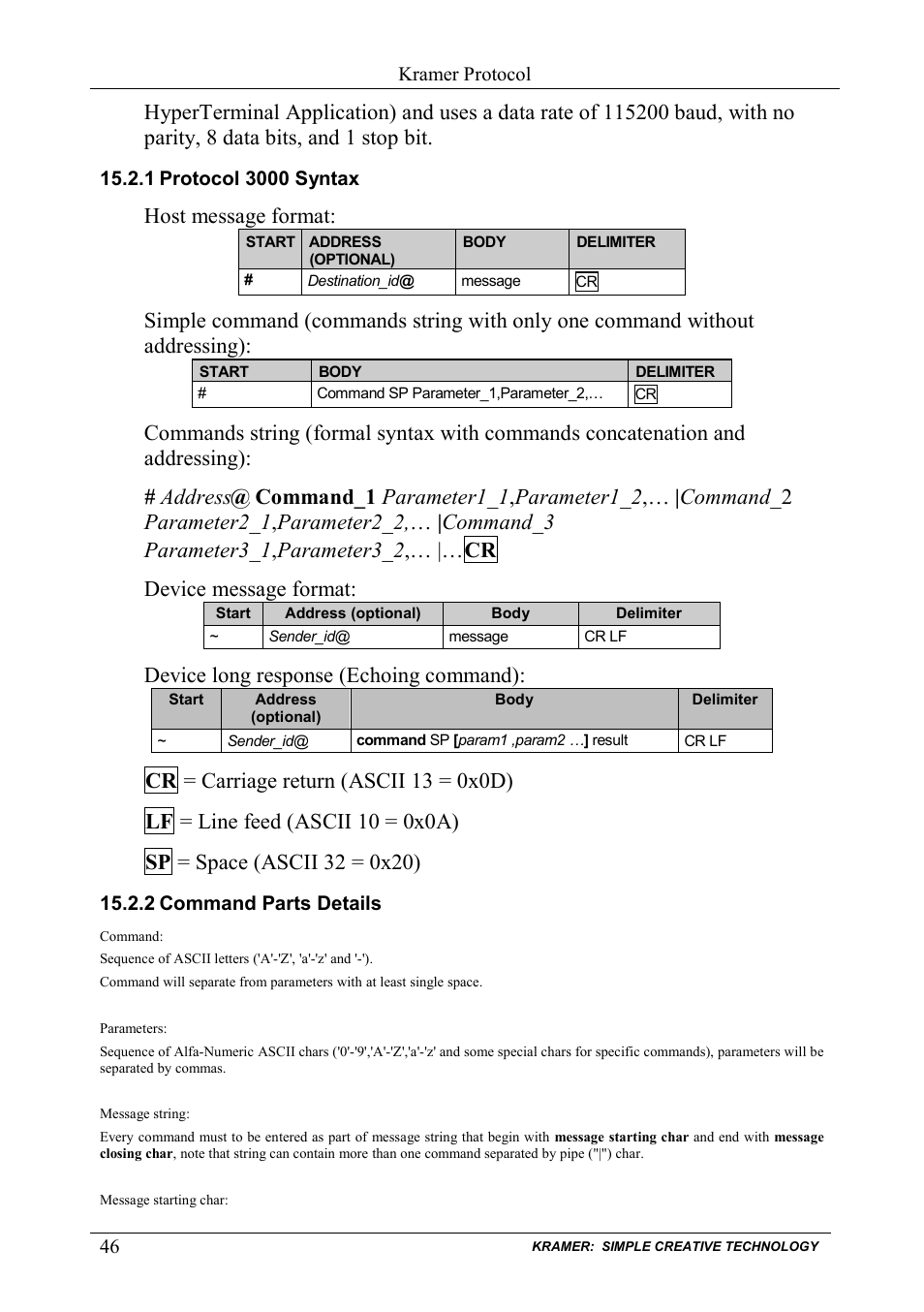 1 protocol 3000 syntax, 2 command parts details, Protocol 3000 syntax | Command parts details, Host message format, Device long response (echoing command) | Kramer Electronics VP-885 User Manual | Page 50 / 62