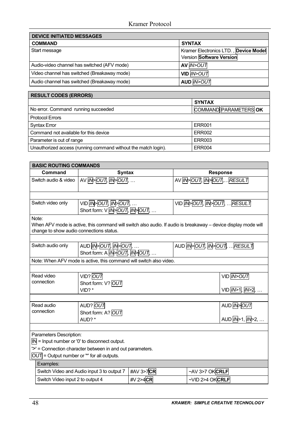 Kramer protocol | Kramer Electronics VP-885 User Manual | Page 52 / 62