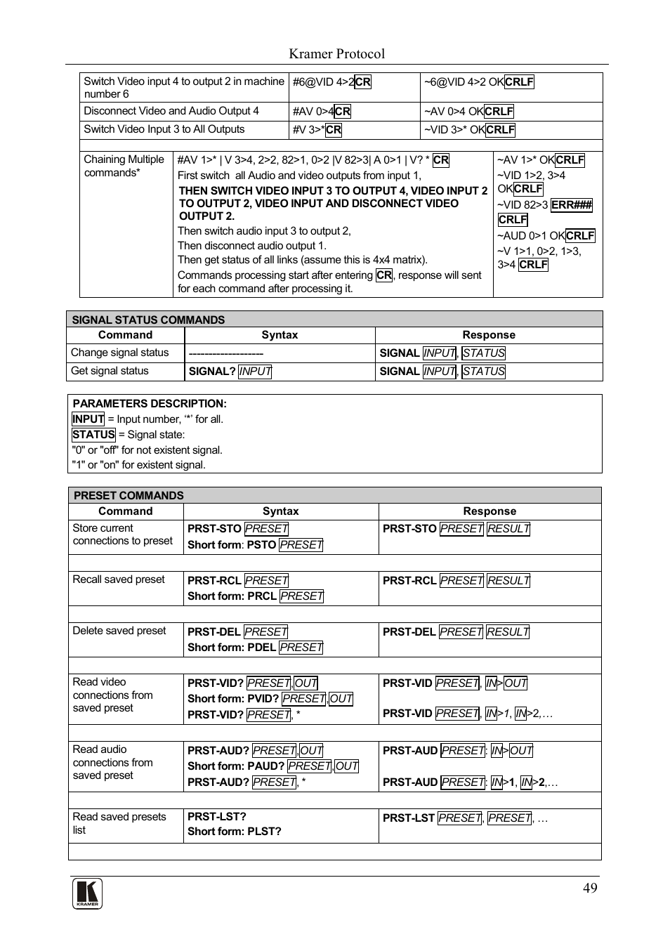 Kramer protocol | Kramer Electronics VP-885 User Manual | Page 53 / 62