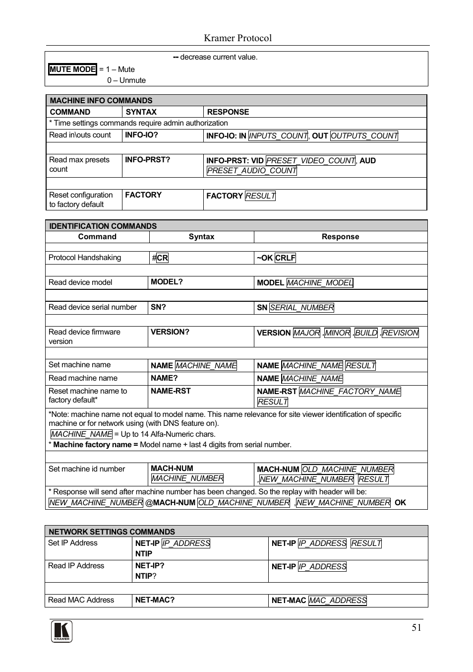 Kramer protocol | Kramer Electronics VP-885 User Manual | Page 55 / 62