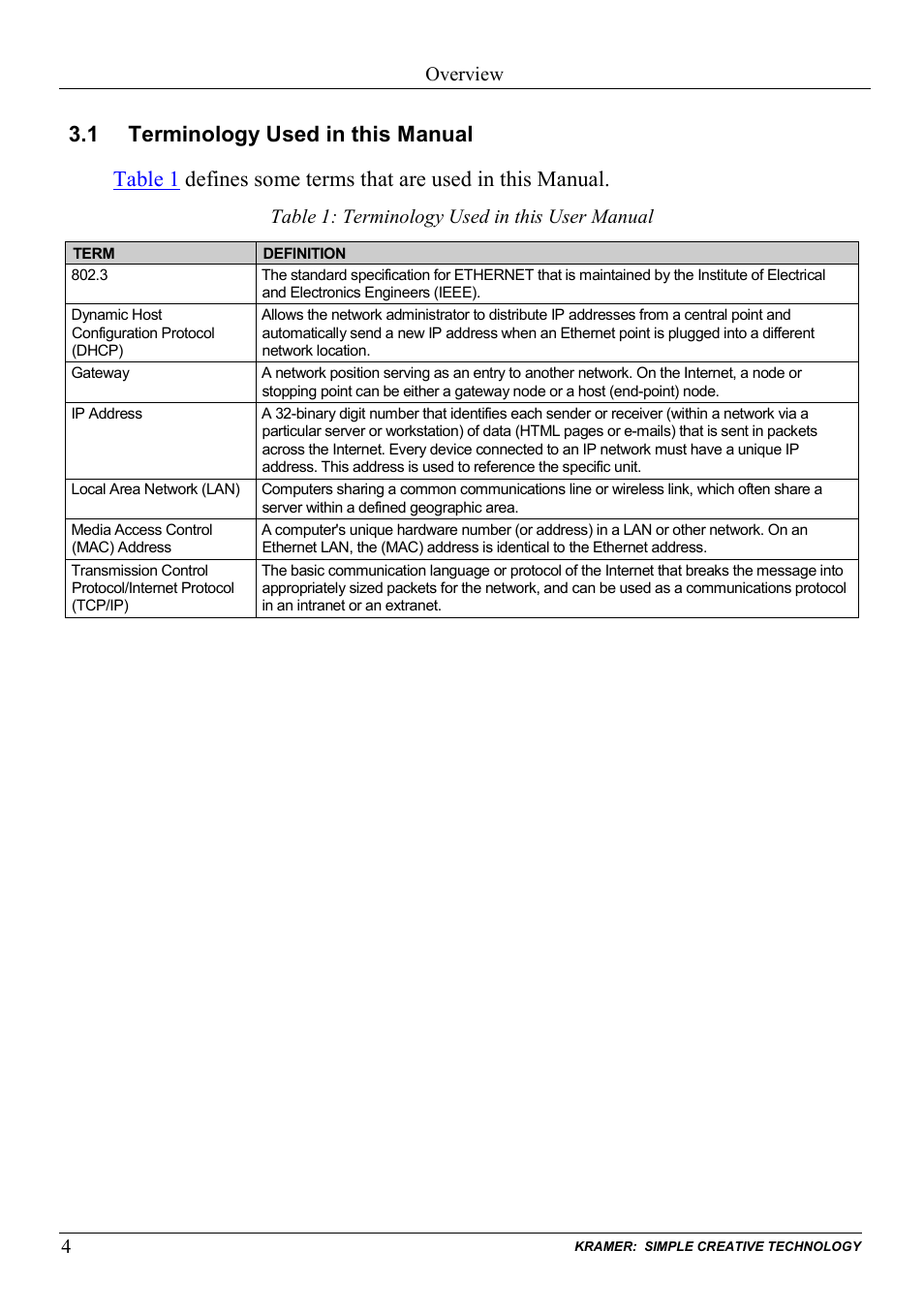 1 terminology used in this manual, Terminology used in this manual, Table 1: terminology used in this user manual | Overview | Kramer Electronics VP-885 User Manual | Page 8 / 62