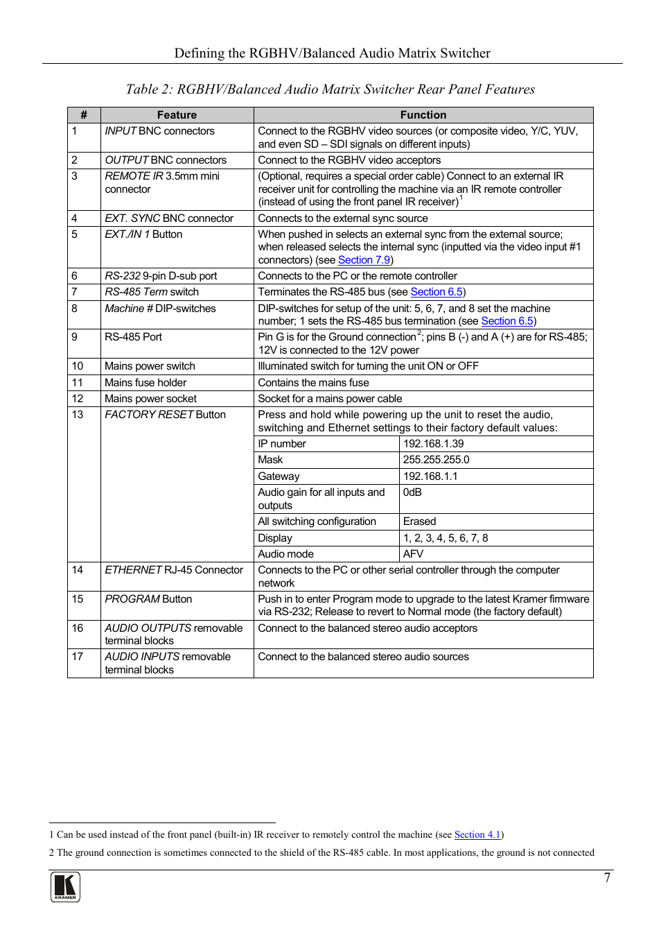 Table 2, Defining the rgbhv/balanced audio matrix switcher | Kramer Electronics VP-88K User Manual | Page 11 / 60