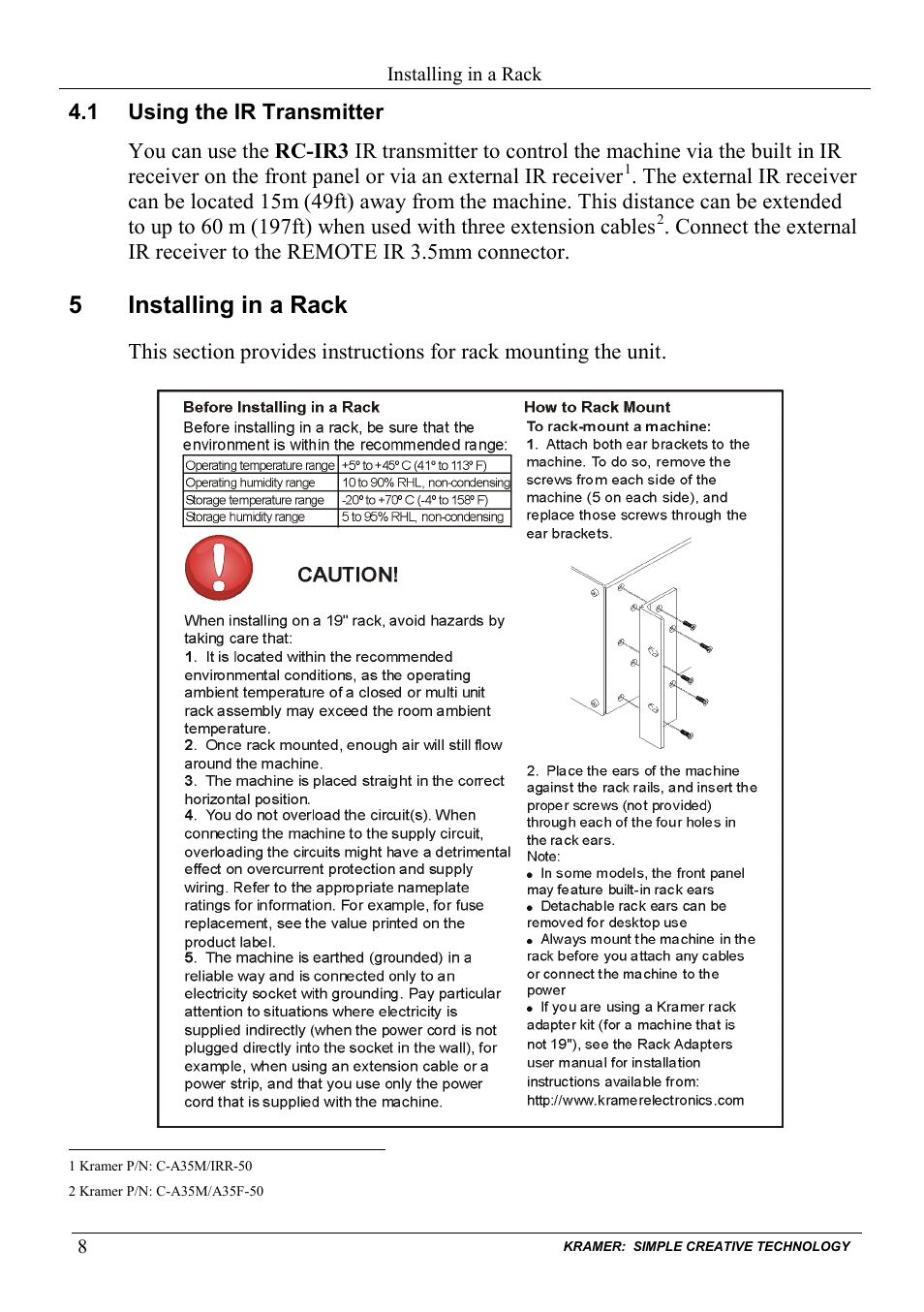 1 using the ir transmitter, 5 installing in a rack, Using the ir transmitter | Installing in a rack, Ection 4.1, 5installing in a rack | Kramer Electronics VP-88K User Manual | Page 12 / 60