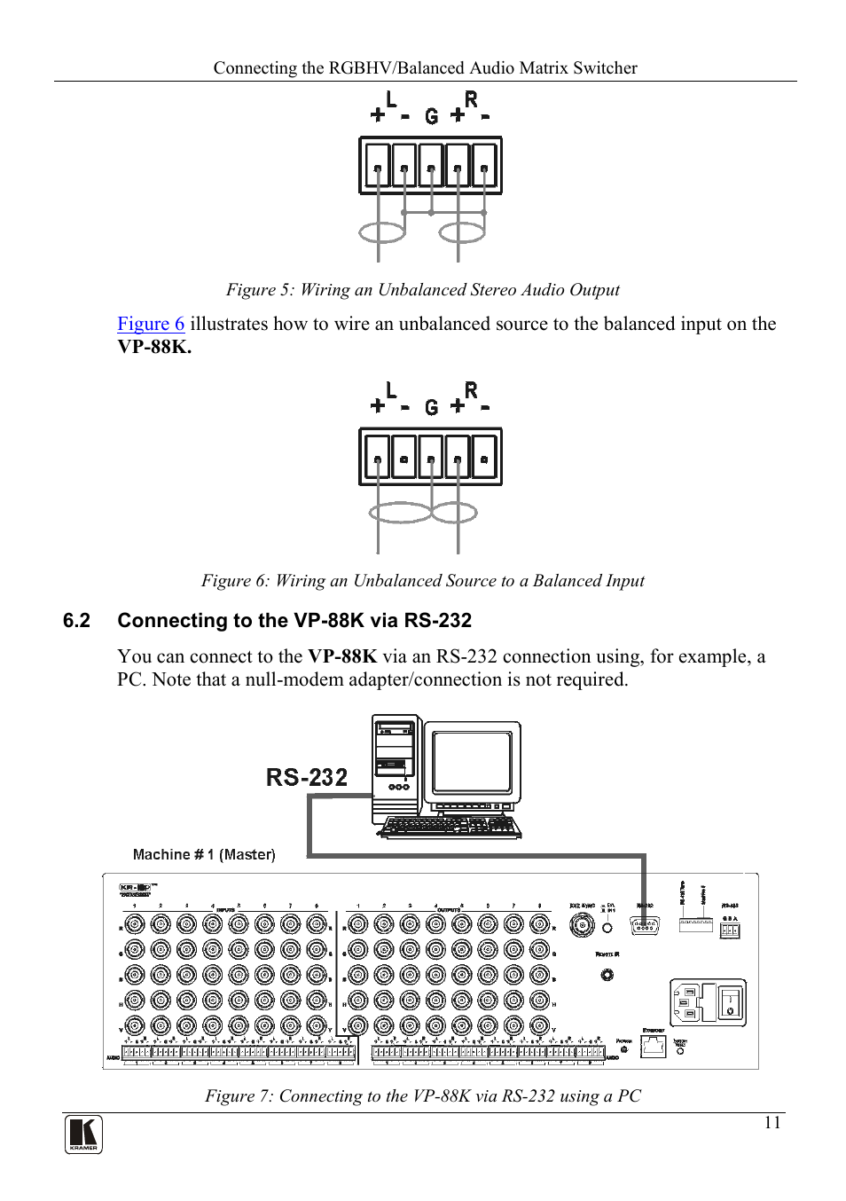 2 connecting to the vp88k via rs-232, Connecting to the vp-88k via rs-232, Figure 5: wiring an unbalanced stereo audio output | Figure 5 | Kramer Electronics VP-88K User Manual | Page 15 / 60