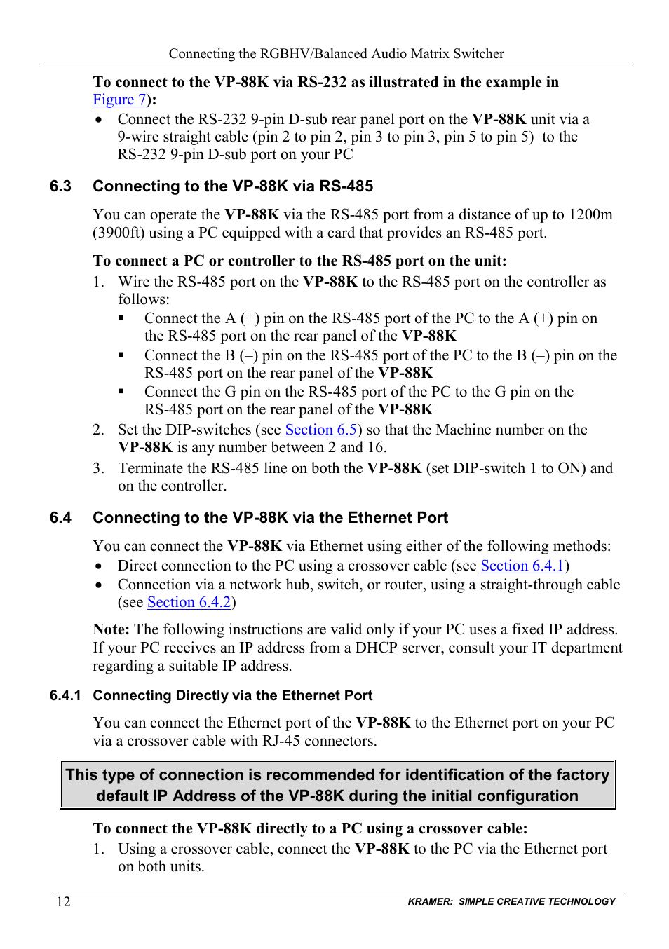 3 connecting to the vp88k via rs-485, 4 connecting to the vp88k via the ethernet port, 1 connecting directly via the ethernet port | Connecting to the vp-88k via rs-485, Connecting to the vp-88k via the ethernet port, Connecting directly via the ethernet port | Kramer Electronics VP-88K User Manual | Page 16 / 60