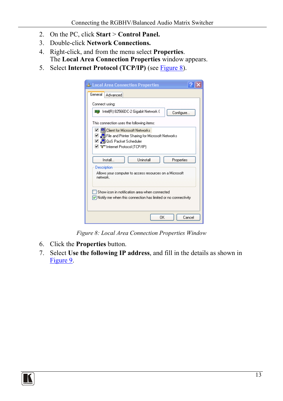 Figure 8: local area connection properties window | Kramer Electronics VP-88K User Manual | Page 17 / 60