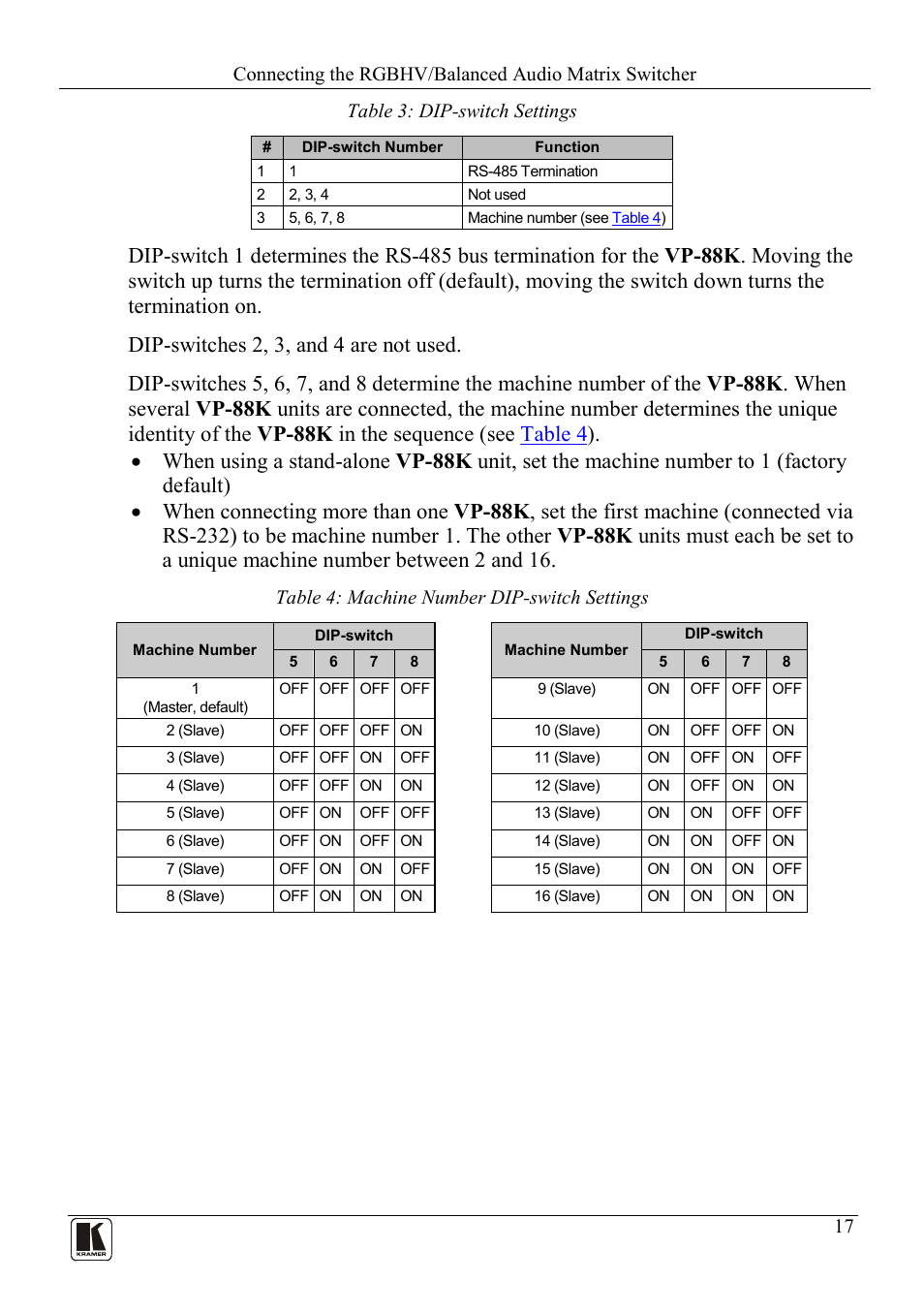 Table 3: dip-switch settings, Table 4: machine number dip-switch settings | Kramer Electronics VP-88K User Manual | Page 21 / 60