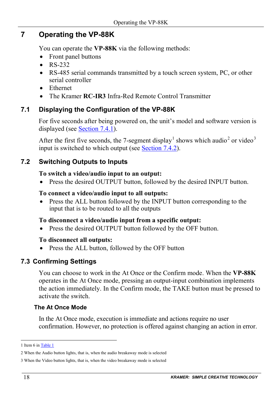 7 operating the vp-88k, 1 displaying the configuration of the vp-88k, 2 switching outputs to inputs | 3 confirming settings, Operating the vp-88k, Displaying the configuration of the vp-88k, Switching outputs to inputs, Confirming settings, N 7.3, 7operating the vp-88k | Kramer Electronics VP-88K User Manual | Page 22 / 60