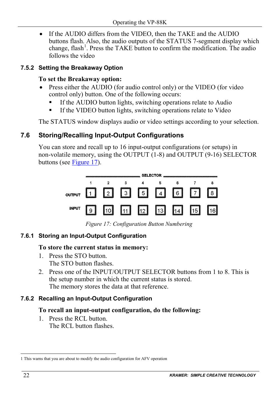 2 setting the breakaway option, 6 storing/recalling input-output configurations, 1 storing an input-output configuration | 2 recalling an input-output configuration, Setting the breakaway option, Storing/recalling input-output configurations, Storing an input-output configuration, Recalling an input-output configuration, Figure 17: configuration button numbering | Kramer Electronics VP-88K User Manual | Page 26 / 60