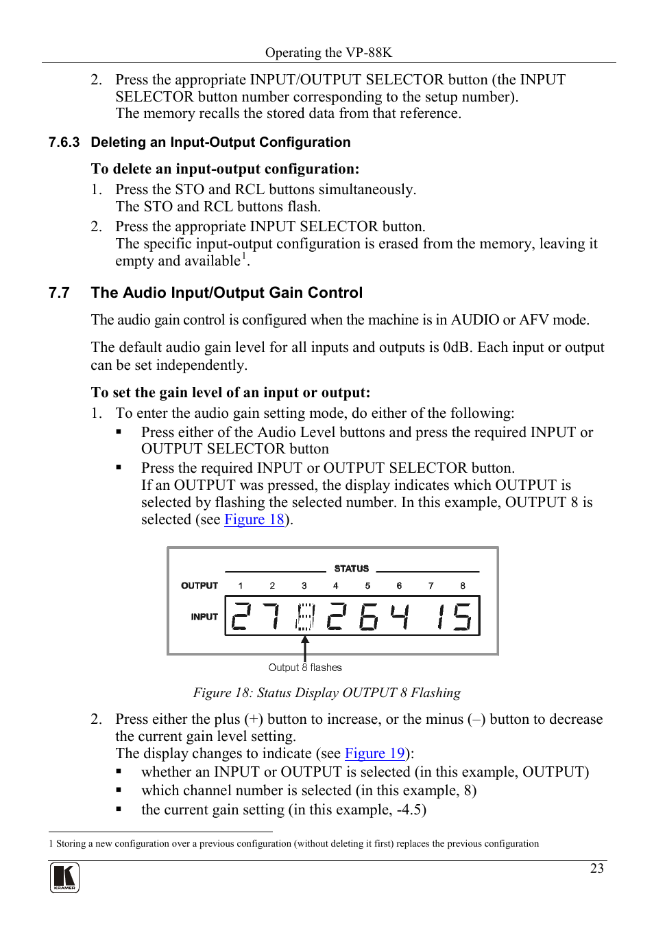 3 deleting an input-output configuration, 7 the audio input/output gain control, Deleting an input-output configuration | The audio input/output gain control, Figure 18: status display output 8 flashing | Kramer Electronics VP-88K User Manual | Page 27 / 60