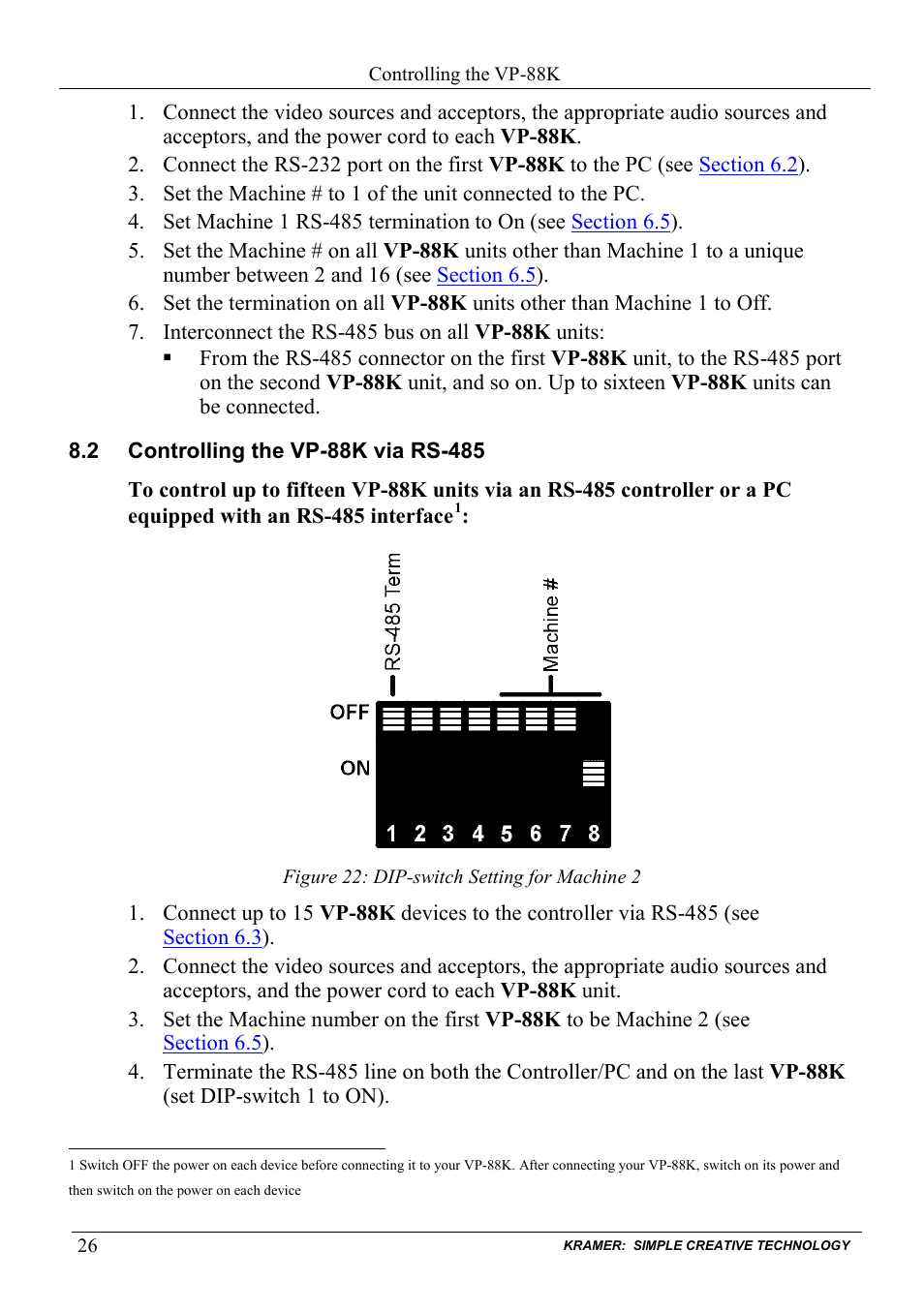 2 controlling the vp-88k via rs-485, Controlling the vp-88k via rs-485, Figure 22: dip-switch setting for machine 2 | Kramer Electronics VP-88K User Manual | Page 30 / 60