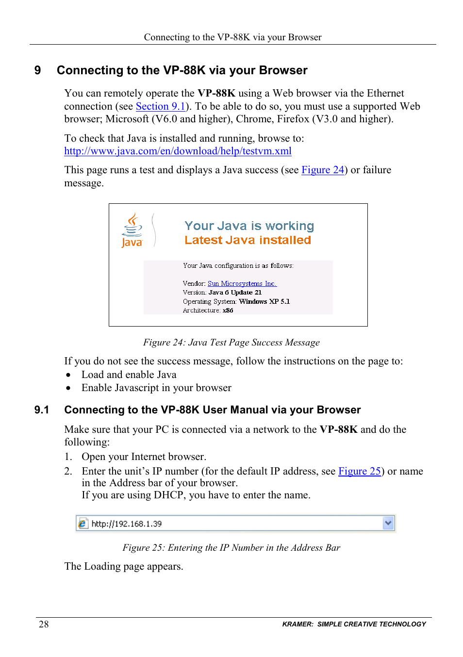 9 connecting to the vp-88k via your browser, Connecting to the vp-88k via your browser | Kramer Electronics VP-88K User Manual | Page 32 / 60