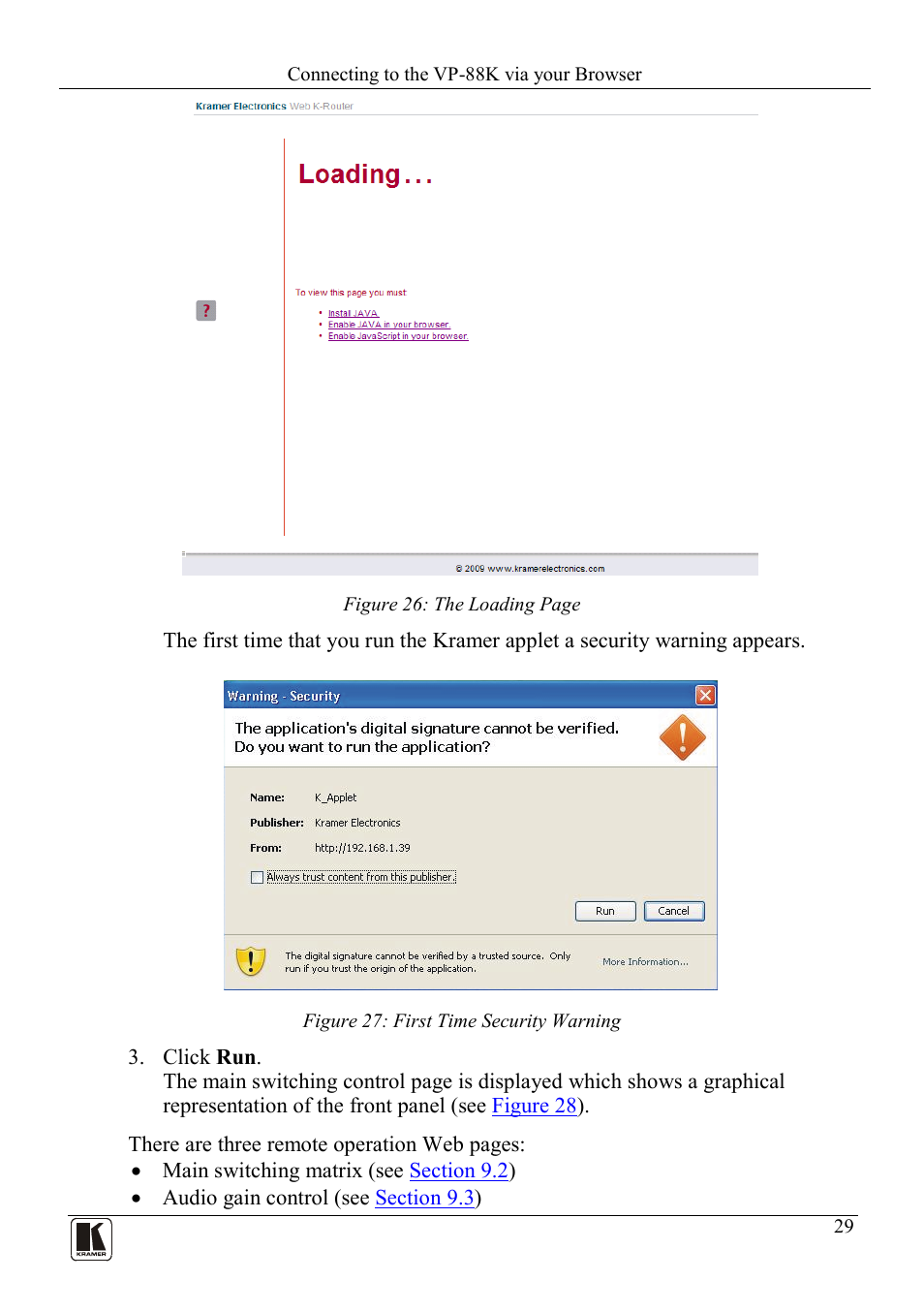 Figure 27: first time security warning | Kramer Electronics VP-88K User Manual | Page 33 / 60