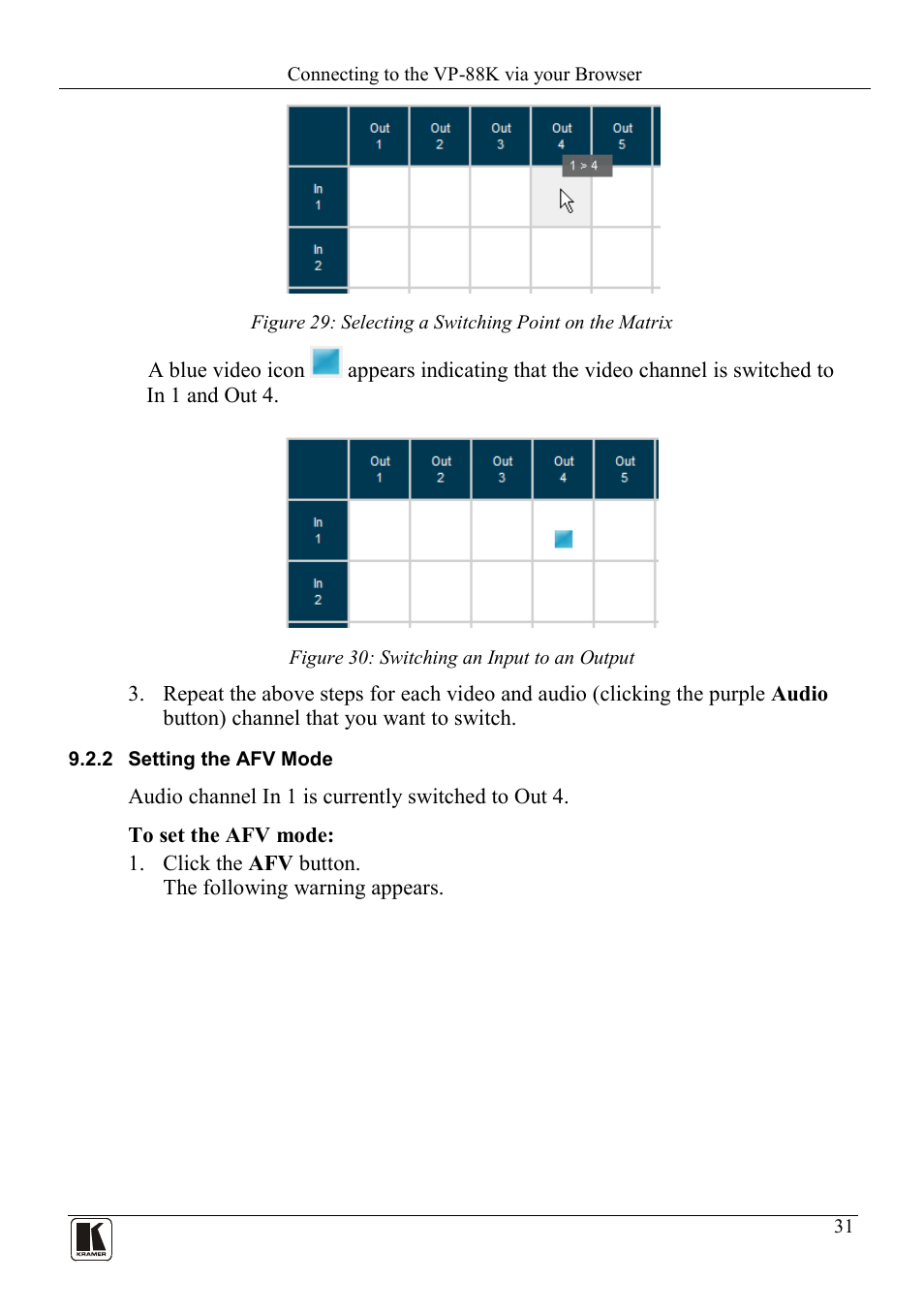 2 setting the afv mode, Setting the afv mode, Figure 30: switching an input to an output | Kramer Electronics VP-88K User Manual | Page 35 / 60