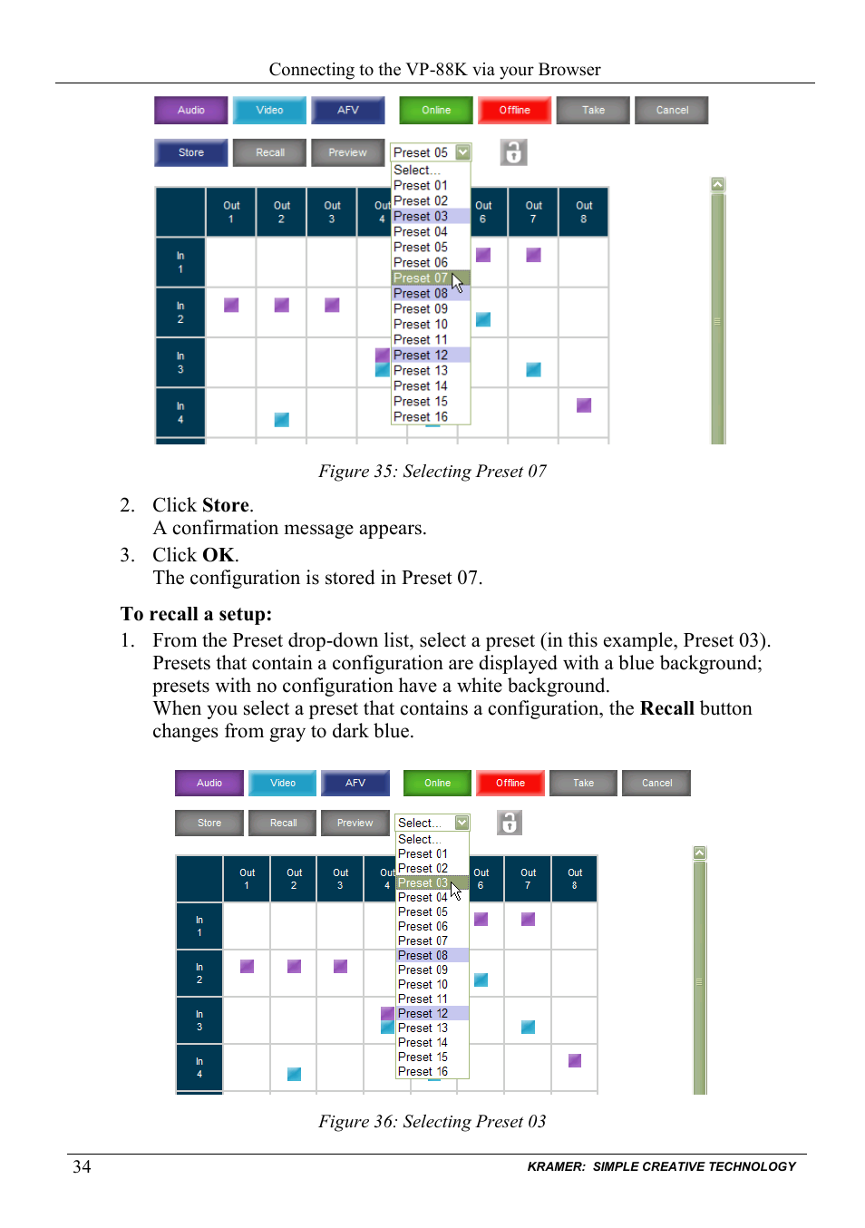 Figure 35: selecting preset 07, Figure 36: selecting preset 03 | Kramer Electronics VP-88K User Manual | Page 38 / 60