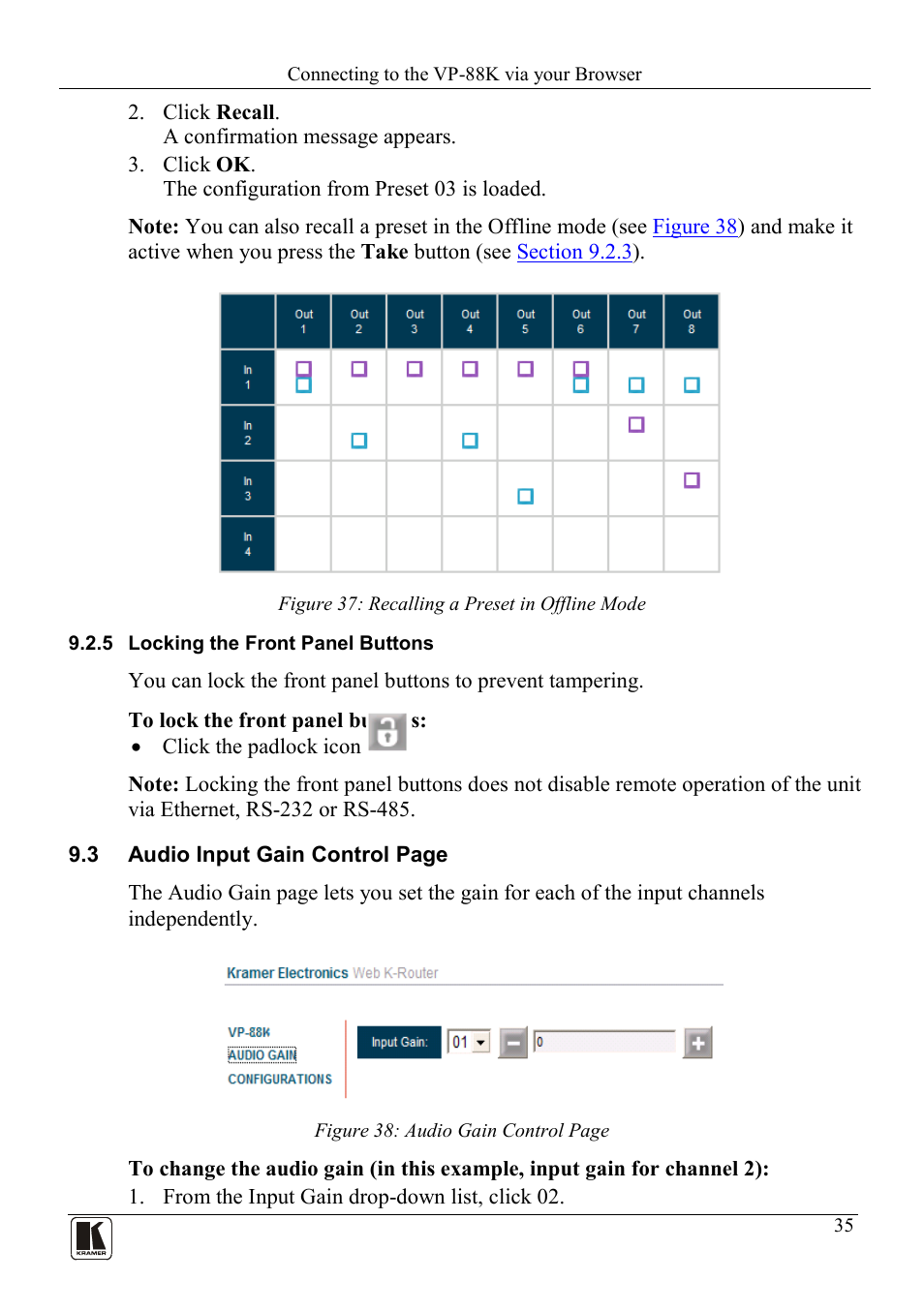 5 locking the front panel buttons, Locking the front panel buttons, Figure 37: recalling a preset in offline mode | Kramer Electronics VP-88K User Manual | Page 39 / 60