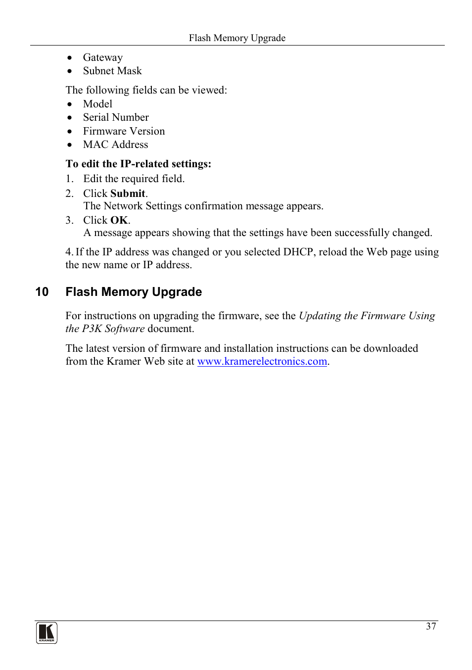 10 flash memory upgrade, Flash memory upgrade | Kramer Electronics VP-88K User Manual | Page 41 / 60