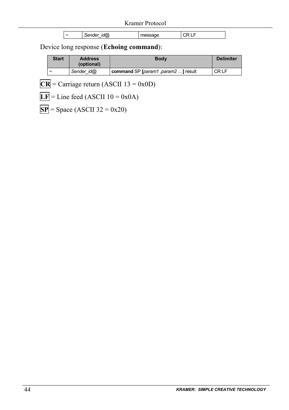 Device long response ( echoing command ) | Kramer Electronics VP-88K User Manual | Page 48 / 60