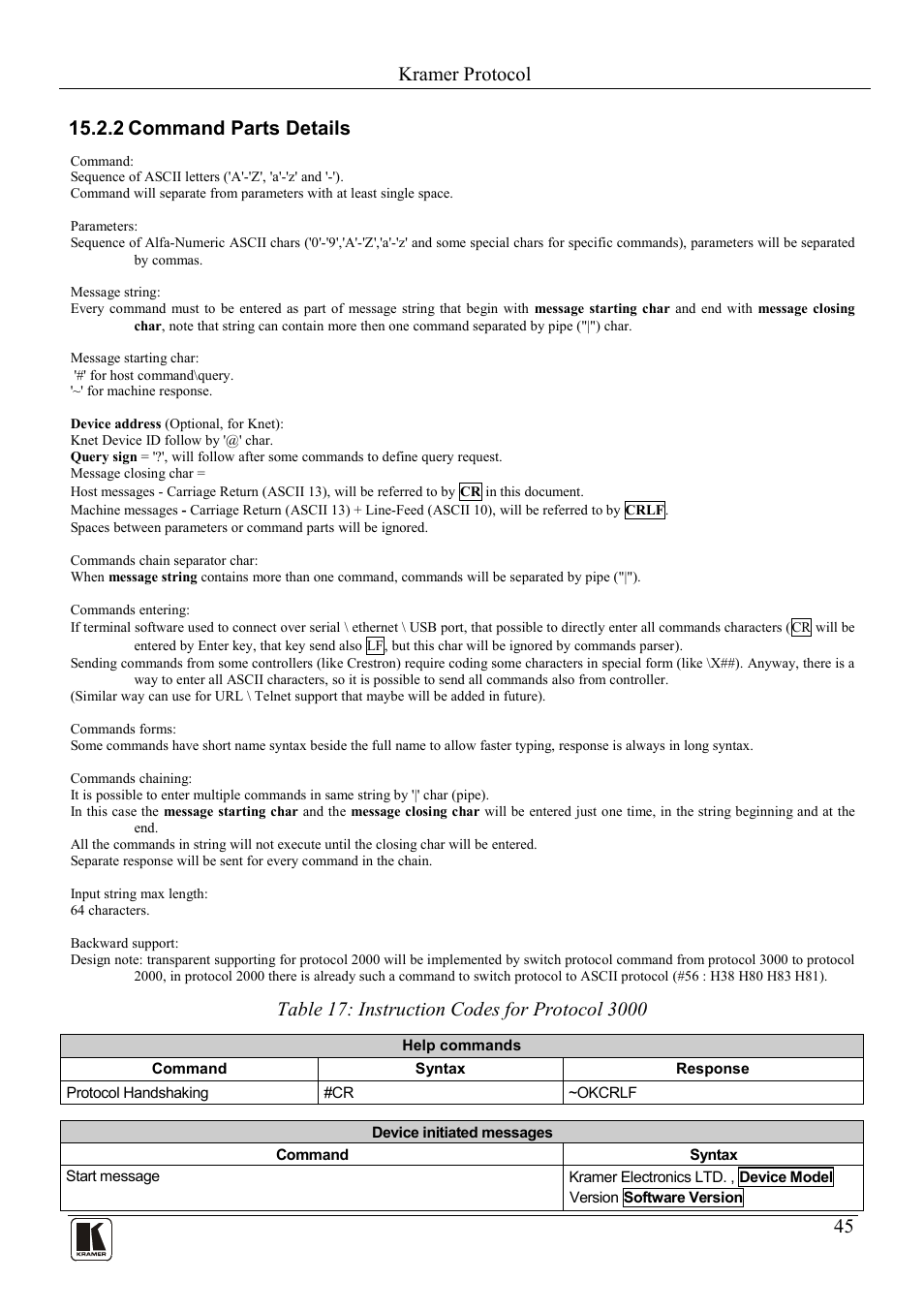 2 command parts details, Command parts details, Table 17: instruction codes for protocol 3000 | Kramer protocol | Kramer Electronics VP-88K User Manual | Page 49 / 60