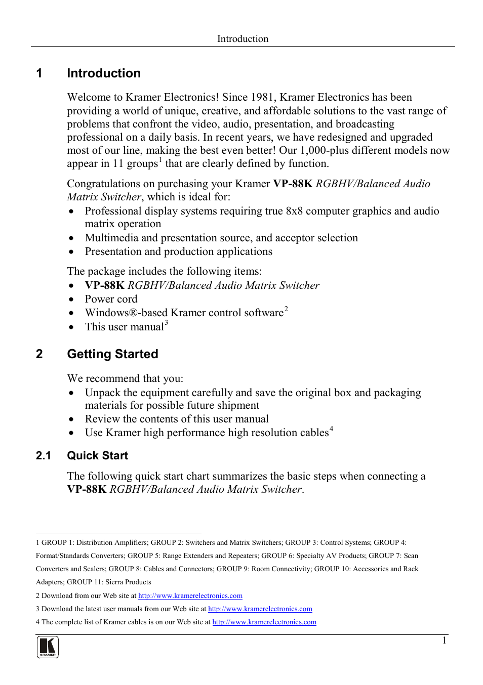 1 introduction, 2 getting started, 1 quick start | Introduction, Getting started, Quick start, 1introduction, 2getting started | Kramer Electronics VP-88K User Manual | Page 5 / 60