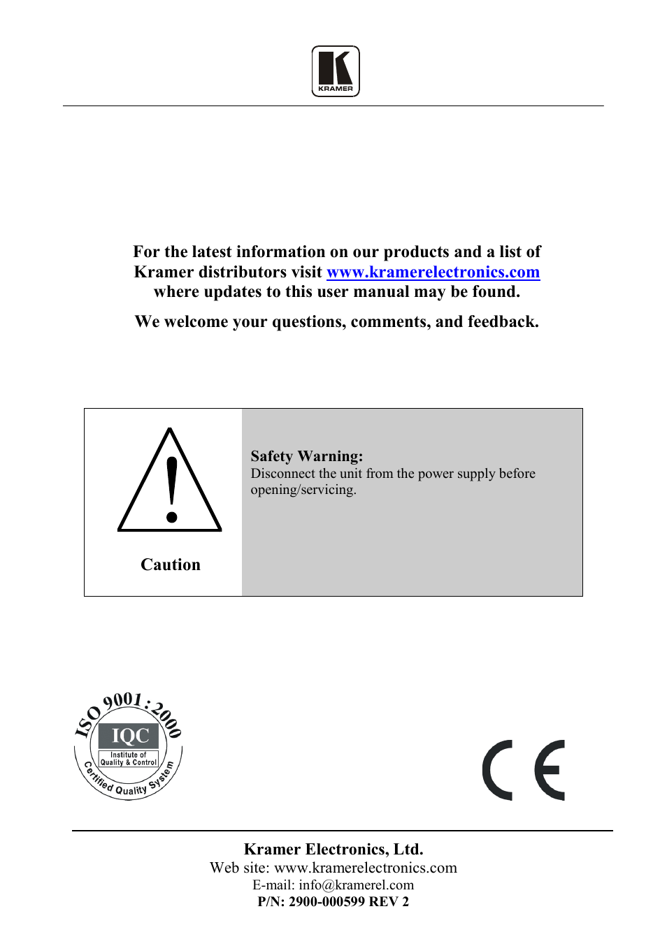 Caution | Kramer Electronics VP-88K User Manual | Page 60 / 60