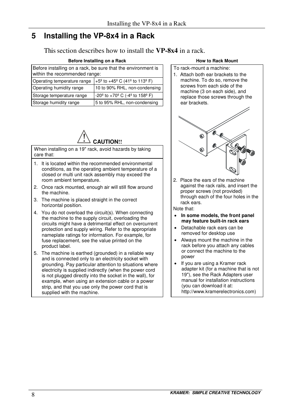 5 installing the vp-8x4 in a rack | Kramer Electronics VP-8x4 User Manual | Page 11 / 34