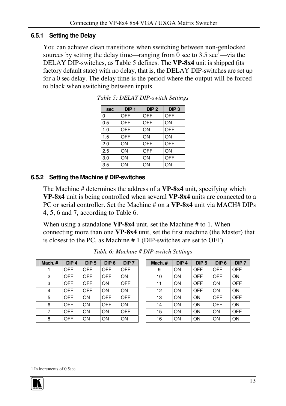 Table 5: delay dip-switch settings, 2 setting the machine # dip-switches, Table 6: machine # dip-switch settings | Kramer Electronics VP-8x4 User Manual | Page 16 / 34