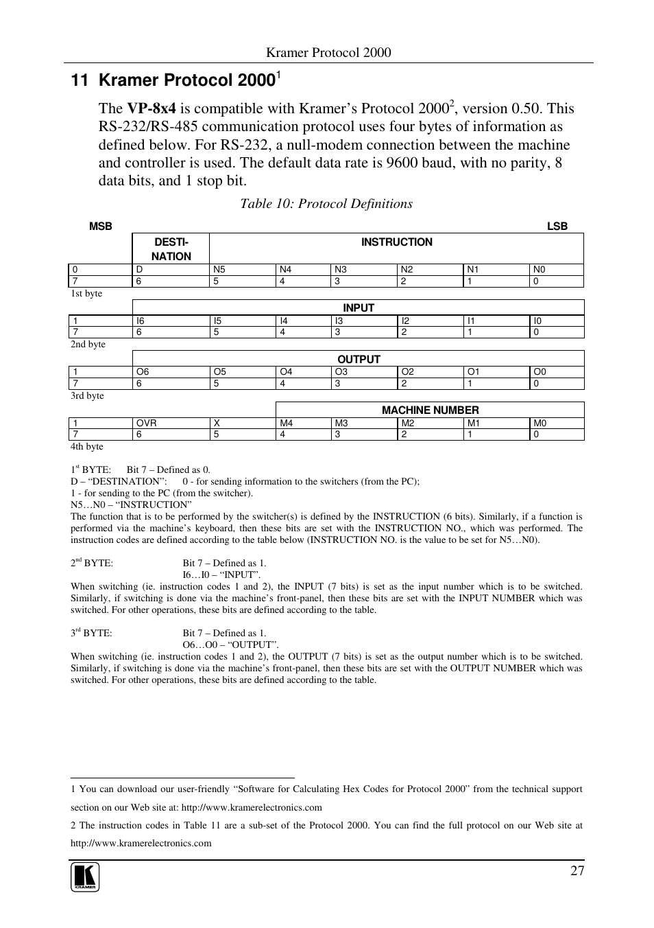 Kramer protocol 2000, Table 10: protocol definitions | Kramer Electronics VP-8x4 User Manual | Page 30 / 34