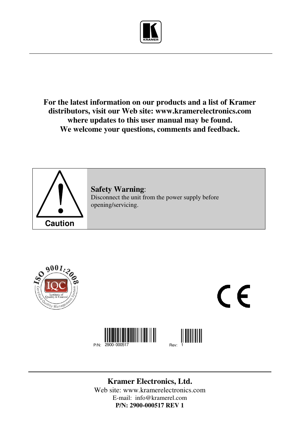 Kramer electronics, ltd, Caution, Safety warning | Kramer Electronics VP-8x4 User Manual | Page 34 / 34