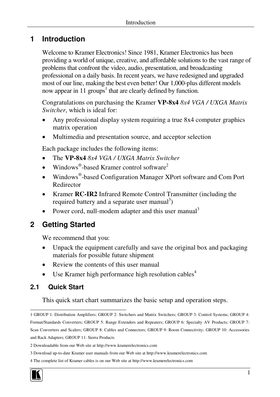 1 introduction, 2 getting started | Kramer Electronics VP-8x4 User Manual | Page 4 / 34