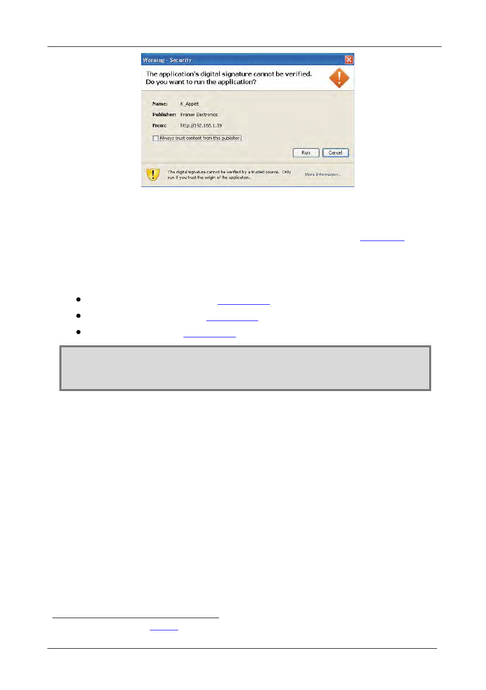 Figure 18: first time security warning | Kramer Electronics VP-8x4AK User Manual | Page 32 / 57