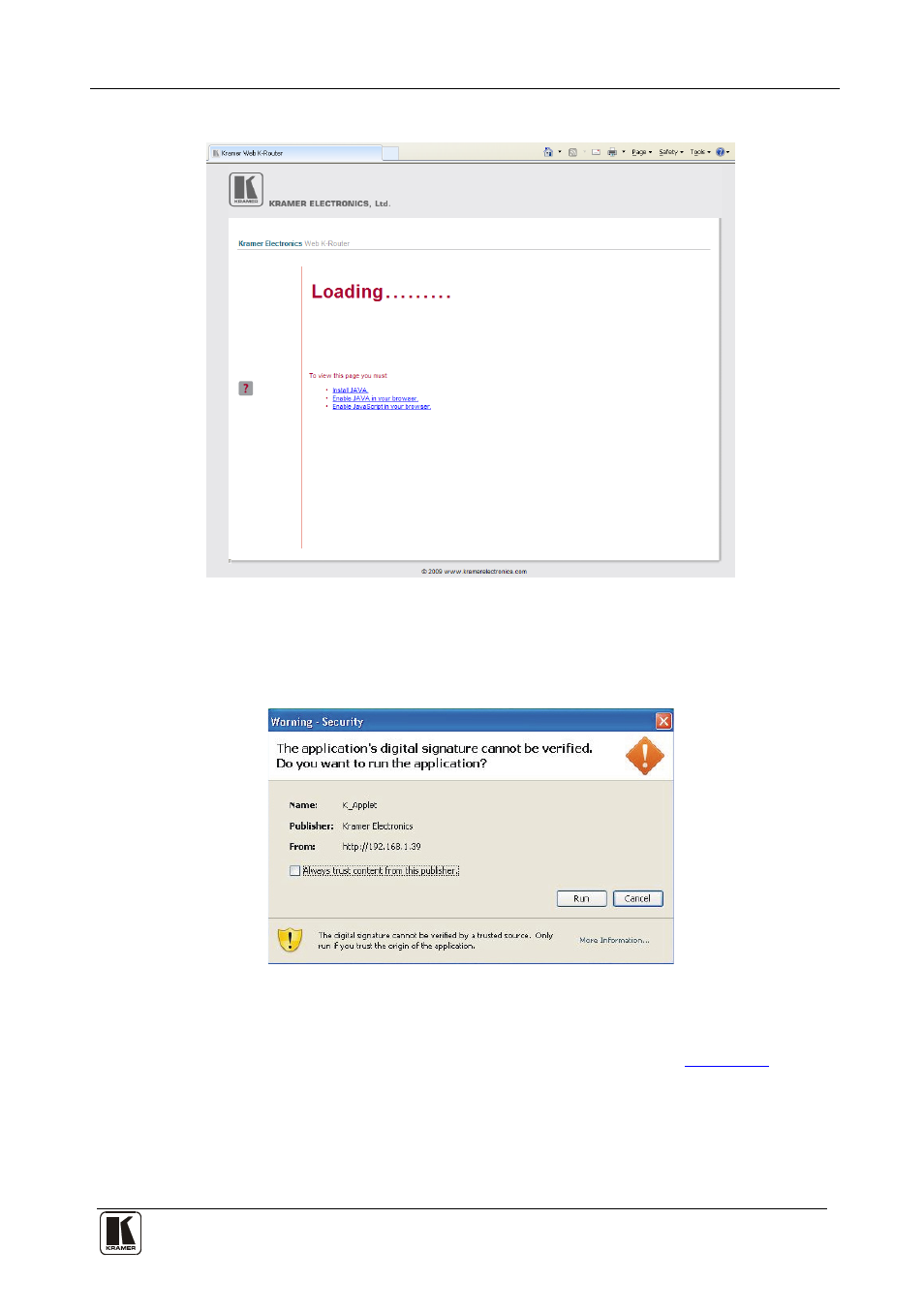 Figure 18: first time security warning | Kramer Electronics VP-8x8AK User Manual | Page 31 / 57