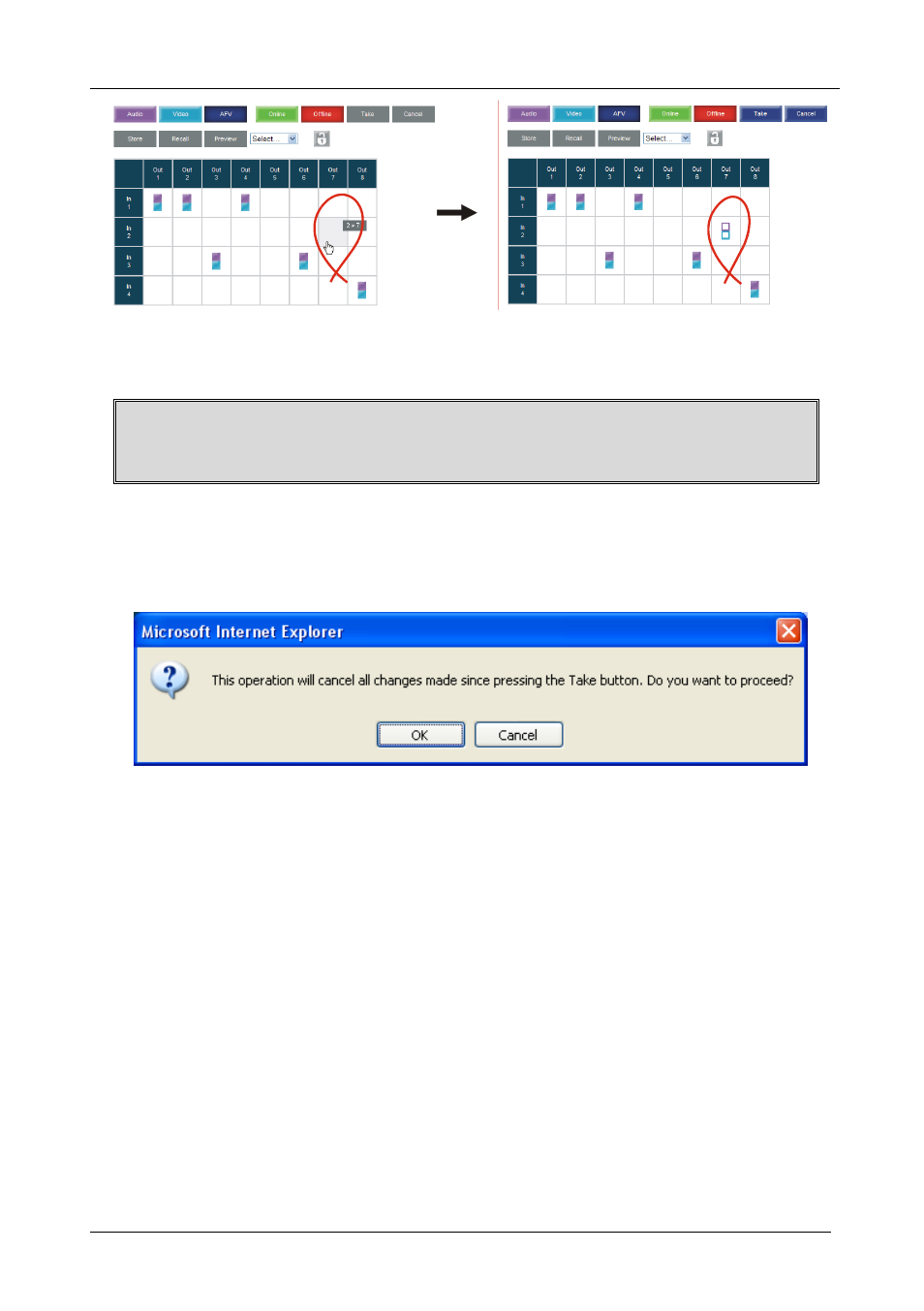 3 store and recall setups, Store and recall setups, Figure 21: switching an input to an output | Figure 22: exiting offline warning, Section | Kramer Electronics VP-8x8AK User Manual | Page 34 / 57