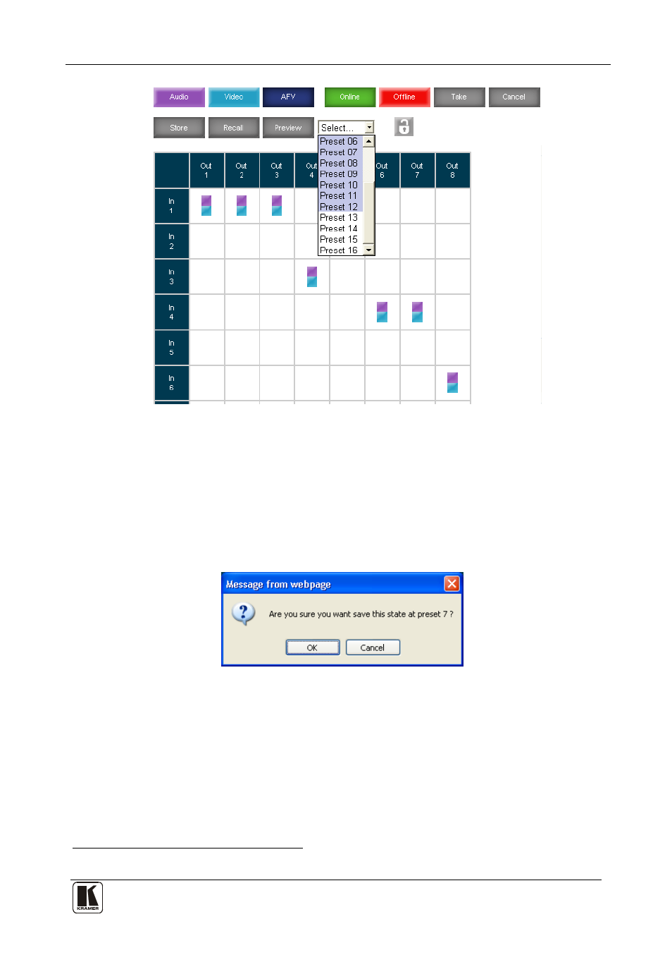 Figure 23: selecting a preset, Figure 24: save preset message | Kramer Electronics VP-8x8AK User Manual | Page 35 / 57